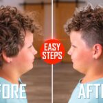 Split-screen of a boy's head before and after a haircut; left shows a curly, untrimmed style being trimmed, right shows a shorter, styled cut with white arrows highlighting the sides and 'EASY STEPS' badge in the center