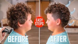 Split-screen of a boy's head before and after a haircut; left shows a curly, untrimmed style being trimmed, right shows a shorter, styled cut with white arrows highlighting the sides and 'EASY STEPS' badge in the center