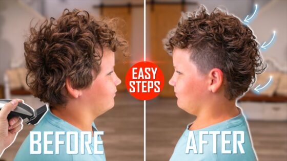 Split-screen of a boy's head before and after a haircut; left shows a curly, untrimmed style being trimmed, right shows a shorter, styled cut with white arrows highlighting the sides and 'EASY STEPS' badge in the center