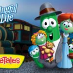VeggieTales characters stand together in front of a steam train with the 'It’s a Meaningful Life' title above them.