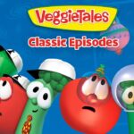 VeggieTales Classic Episodes promotional image with surprised-looking vegetables against a blue background.
