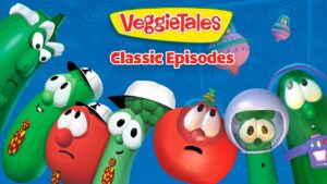 VeggieTales Classic Episodes promotional image with surprised-looking vegetables against a blue background.