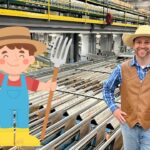 Smiling man in a cowboy hat and brown vest stands beside potato processing conveyors in a warehouse, with a cartoon potato and farmer illustration overlaid on the left.