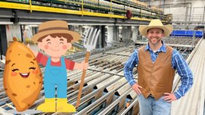 Smiling man in a cowboy hat and brown vest stands beside potato processing conveyors in a warehouse, with a cartoon potato and farmer illustration overlaid on the left.