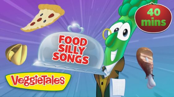 Animated VeggieTales thumbnail: a green vegetable waiter holds a cloche labeled 'Food Silly Songs' with pizza slice, taco/hat, and a drumstick around; '40 mins' badge in the corner.