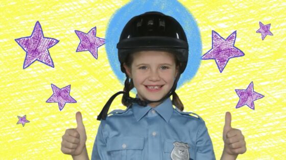 Smiling girl in police uniform and helmet giving two thumbs up, colorful doodle background with purple stars.