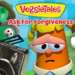 VeggieTales characters look concerned around a damaged vintage car in a bright, colorful scene.