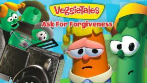 VeggieTales characters look concerned around a damaged vintage car in a bright, colorful scene.