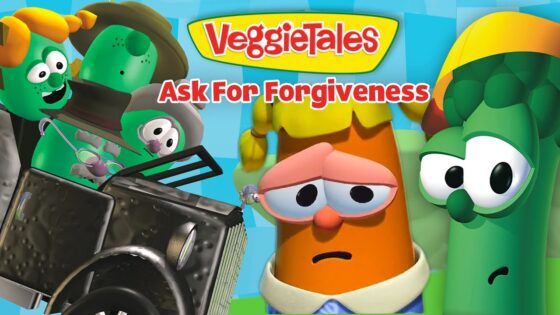 VeggieTales characters look concerned around a damaged vintage car in a bright, colorful scene.