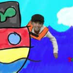 Child in an orange life jacket leans from a colorful ship toward the blue sea with two green and red fish nearby.