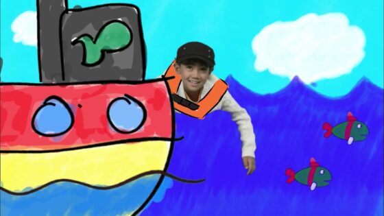 Child in an orange life jacket leans from a colorful ship toward the blue sea with two green and red fish nearby.