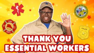 Smiling essential worker in a tan uniform waves, surrounded by emergency‑services logos and the text 'THANK YOU ESSENTIAL WORKERS'.