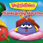 Promo image for VeggieTales: Thanksgiving Marathon showing colorful veggie characters around a donut ring against a blue sky, with the title 'VeggieTales Thanksgiving Marathon'.