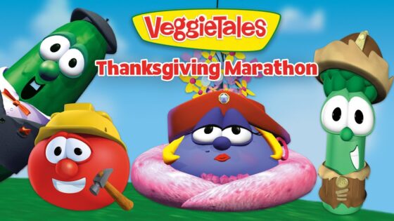 Promo image for VeggieTales: Thanksgiving Marathon showing colorful veggie characters around a donut ring against a blue sky, with the title 'VeggieTales Thanksgiving Marathon'.