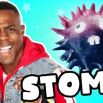 Excited man shouting with fists up beside a spiky cartoon creature and bold 'STOMP!' text overlay.