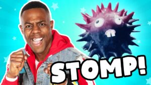 Excited man shouting with fists up beside a spiky cartoon creature and bold 'STOMP!' text overlay.
