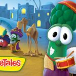 Animated VeggieTales scene with a green broccoli drummer and a sheep on a sandy town square, bright colors in the background.