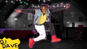 DJ Dave leaps in a dim party room with colorful string lights; wearing a yellow hoodie, denim vest, white and black pants, red sneakers; DJ Dave logo in corner.