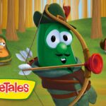 Central green VeggieTales cucumber archer wearing a hat, drawing a bow in a forest while friends watch in the background.