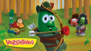 Central green VeggieTales cucumber archer wearing a hat, drawing a bow in a forest while friends watch in the background.