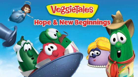 VeggieTales logo with the words 'Hope & New Beginnings' above a group of animated vegetables in a boat-like vessel against a blue sky.