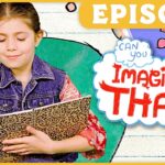 Young girl writes in a patterned notebook against a colorful cartoon backdrop with an 'Imagine That!' logo and an Episode banner above.