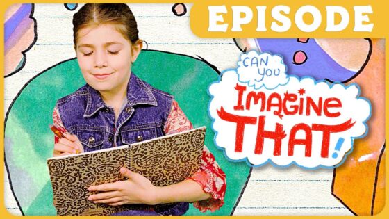 Young girl writes in a patterned notebook against a colorful cartoon backdrop with an 'Imagine That!' logo and an Episode banner above.