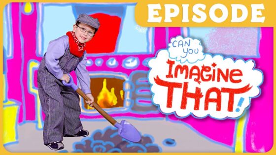 Child dressed as a worker digs with a purple shovel in a bright, cartoonish kitchen scene with 'Imagine That!' speech bubble and 'EPISODE' banner above.