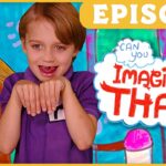Child in purple shirt with hands held up like paws, colorful house backdrop, and bold 'Imagine That!' text—video thumbnail conveying a playful imagination theme on Episode