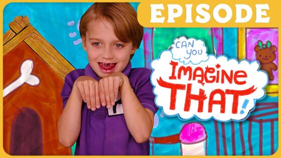 Child in purple shirt with hands held up like paws, colorful house backdrop, and bold 'Imagine That!' text—video thumbnail conveying a playful imagination theme on Episode