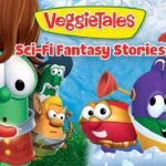 VeggieTales Sci-Fi Fantasy Stories cover with colorful animated vegetables ready for space adventures.
