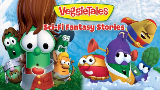 VeggieTales Sci-Fi Fantasy Stories cover with colorful animated vegetables ready for space adventures.