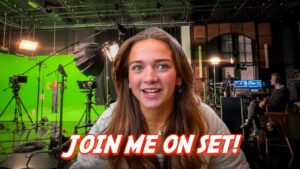 Smiling young woman on a TV studio set with green screen and lighting rigs, foregrounded by bold text 'JOIN ME ON SET!'.