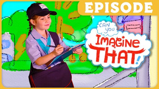 Young girl in a cap and uniform writes on a clipboard against a bright, cartoonish backdrop with the words 'Imagine That!' in a cloud and 'Episode' banner above this educational thumbnail.