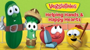 VeggieTales characters—accompanied by a cucumber, a corn cob with a hat, a red tomato, and a yellow bald globe with a broom, in a bright tiled scene with 'Helping Hands & Happy Hearts' text.