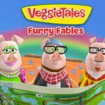 VeggieTales Furry Fables title with three pig characters studying a map against a rainbow backdrop, a pink pig on the left and a hippo on the right.