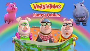 VeggieTales Furry Fables title with three pig characters studying a map against a rainbow backdrop, a pink pig on the left and a hippo on the right.