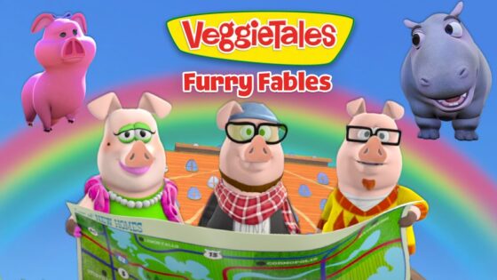 VeggieTales Furry Fables title with three pig characters studying a map against a rainbow backdrop, a pink pig on the left and a hippo on the right.