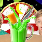 Two surprised kids stand beside a neon-green pitcher with splashing green liquid, a banana, and a fish jumping from the drink.