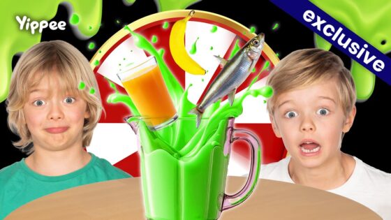 Two surprised kids stand beside a neon-green pitcher with splashing green liquid, a banana, and a fish jumping from the drink.