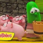 Green cucumber character looks worried while three pigs gather around a wooden bucket of food.