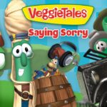 VeggieTales Saying Sorry cover with smiling green vegetables and a vintage camera against a bright blue background.
