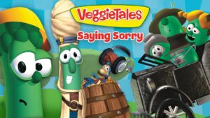 VeggieTales Saying Sorry cover with smiling green vegetables and a vintage camera against a bright blue background.