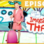 Young girl in a pink suit with a pink rolling suitcase poses in front of a bright, doodle-style background that reads 'Imagine That!' in red letters.
