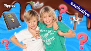 Two smiling boys with arms around each other in a colorful, Bible-themed thumbnail for a kids' video.