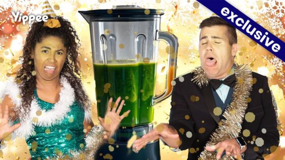 Two people in party outfits react with surprise beside a large blender full of green juice, with confetti around them and a celebratory vibe (exclusive thumbnail).