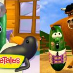 Split image: VeggieTales scene with a green cucumber character on the left and a large brown bull figure towering over a cucumber on the right; VeggieTales logo in bottom left.