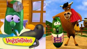 Split image: VeggieTales scene with a green cucumber character on the left and a large brown bull figure towering over a cucumber on the right; VeggieTales logo in bottom left.