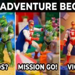 Three-panel collage: white-and-red superhero and green lizard figures in different poses—panel 1 as friends, panel 2 in a clash, panel 3 celebrating victory with coins.