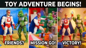 Three-panel collage: white-and-red superhero and green lizard figures in different poses—panel 1 as friends, panel 2 in a clash, panel 3 celebrating victory with coins.